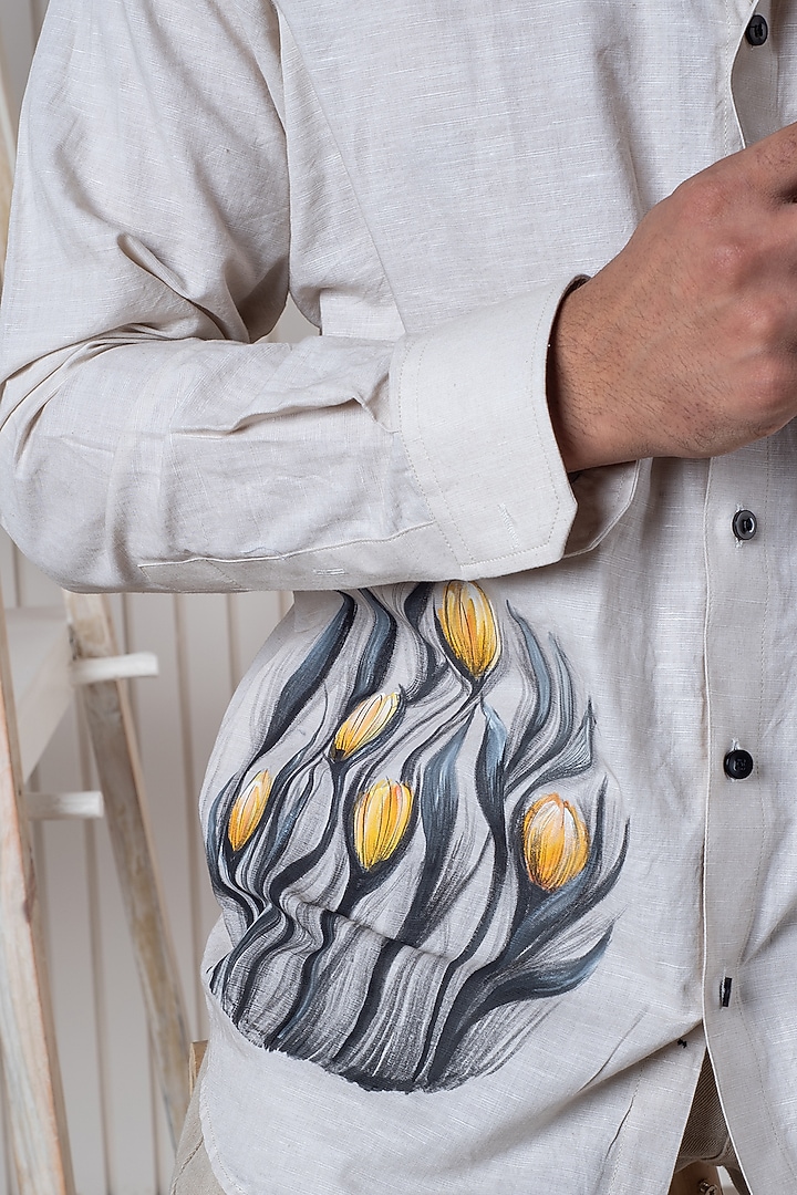 Ivory Linen Hand Painted Party Wear Shirt by Vasnam Jaipur at Pernia's Pop Up Shop