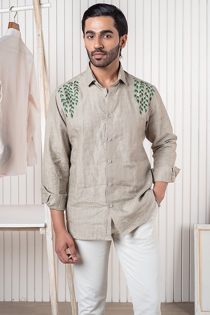 Beige Linen Hand Painted Shirt by Vasnam Jaipur
