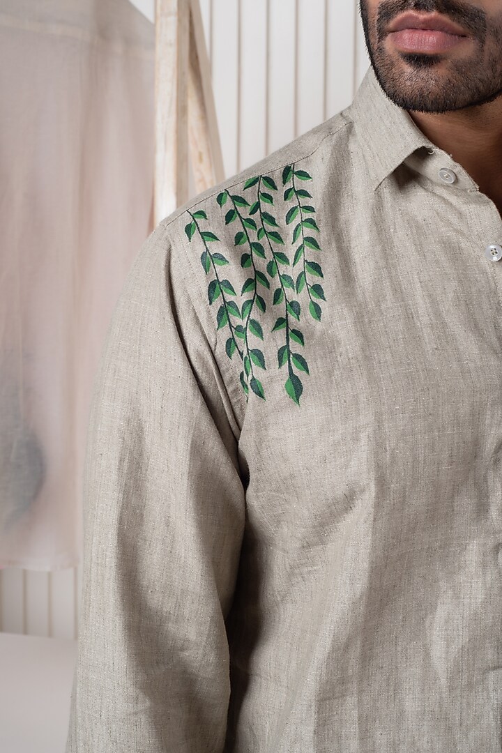 Beige Linen Hand Painted Party Wear Shirt by Vasnam Jaipur at Pernia's Pop Up Shop