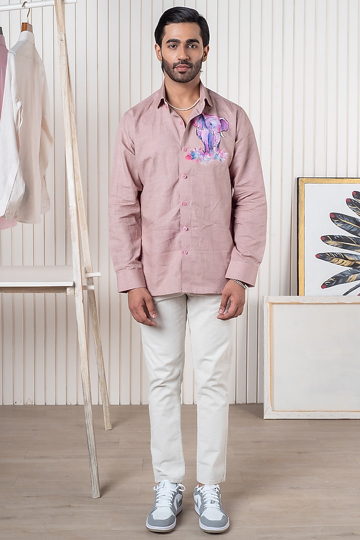 Pink Linen Hand Painted Party Wear Shirt by Vasnam Jaipur at Pernia's Pop Up Shop