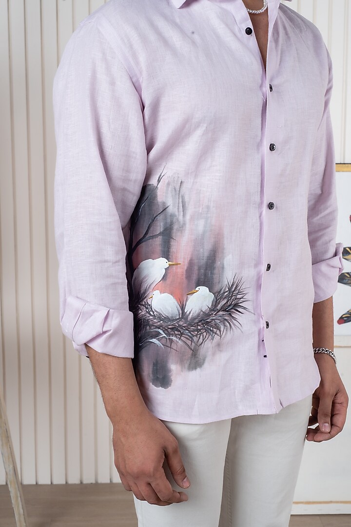Pink Linen Hand Painted Party Wear Shirt by Vasnam Jaipur at Pernia's Pop Up Shop