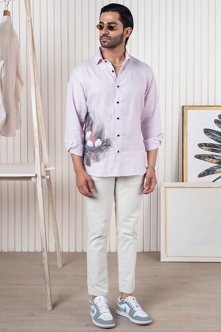 Pink Linen Hand Painted Party Wear Shirt by Vasnam Jaipur at Pernia's Pop Up Shop