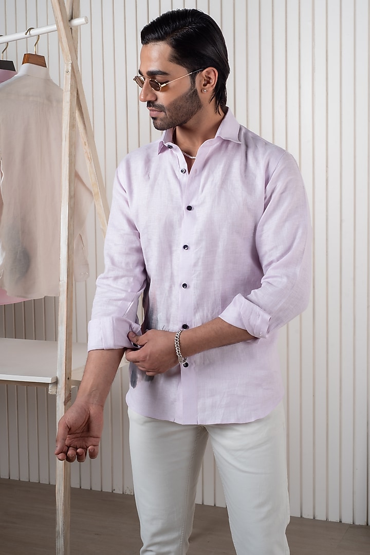 Pink Linen Hand Painted Party Wear Shirt by Vasnam Jaipur at Pernia's Pop Up Shop