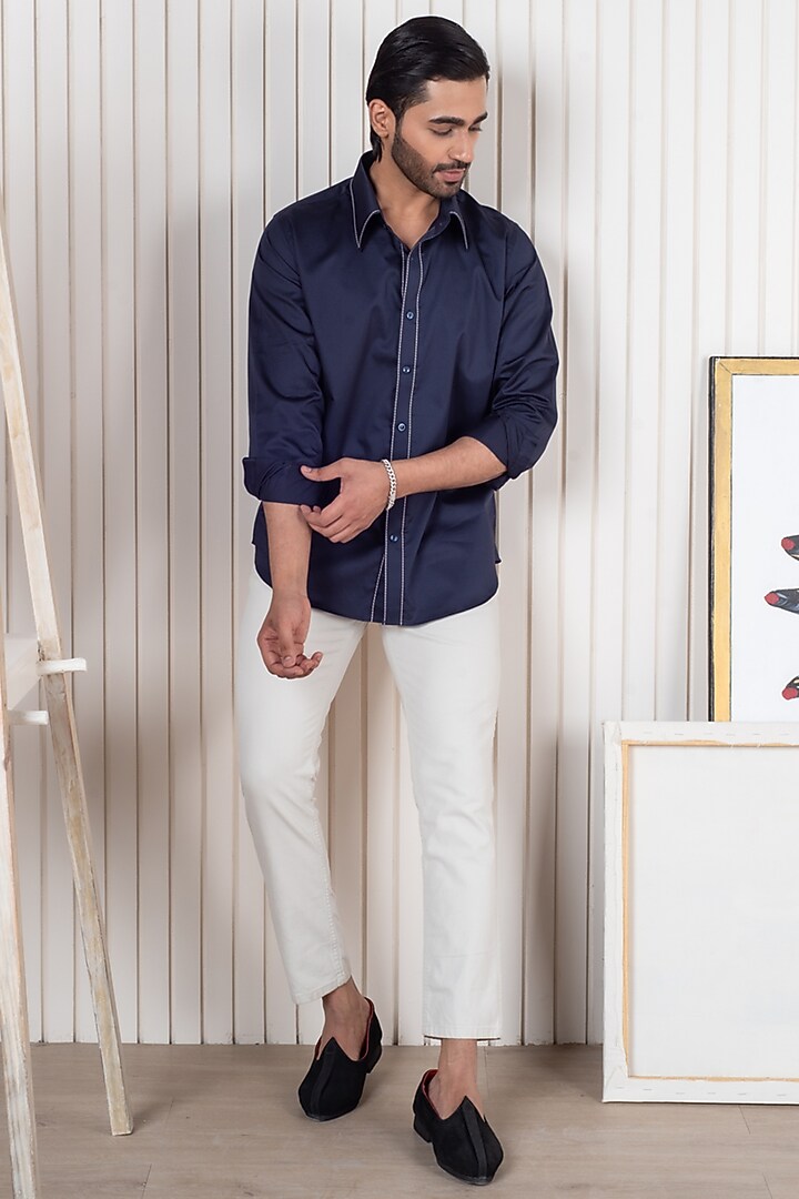 Blue Egyptian Giza Cotton Party Wear Shirt by Vasnam Jaipur at Pernia's Pop Up Shop
