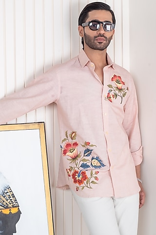 Peach Linen Hand Painted Shirt by Vasnam Jaipur