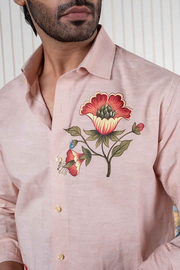 Peach Linen Hand Painted Party Wear Shirt by Vasnam Jaipur at Pernia's Pop Up Shop