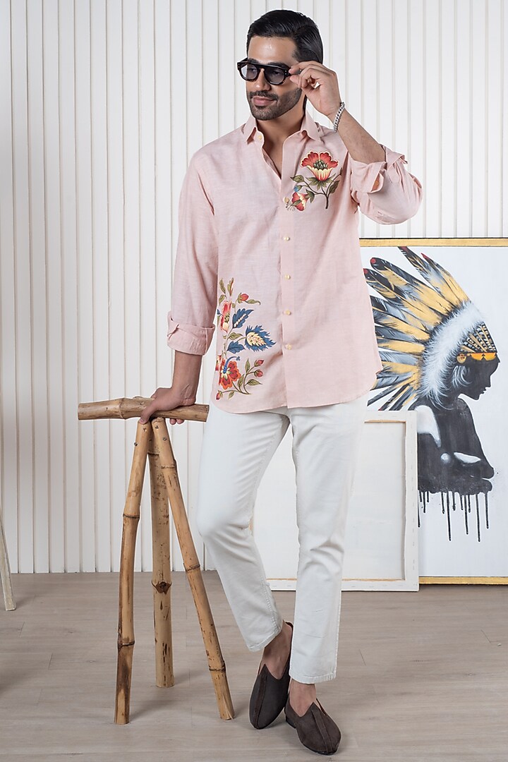 Peach Linen Hand Painted Party Wear Shirt by Vasnam Jaipur at Pernia's Pop Up Shop