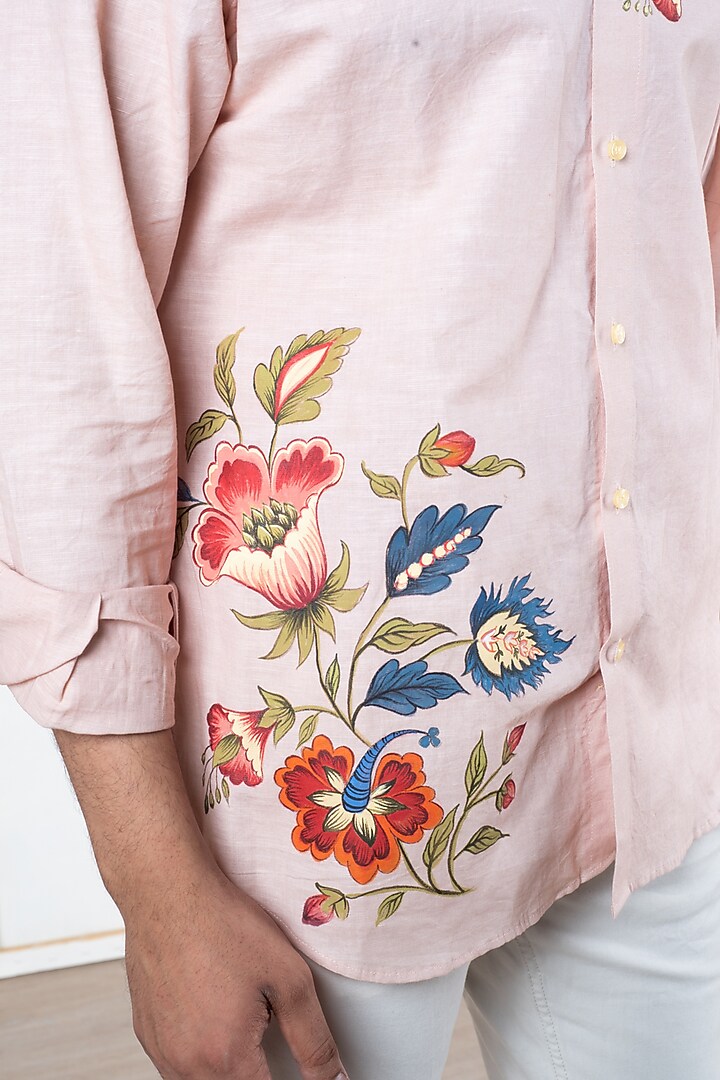 Peach Linen Hand Painted Party Wear Shirt by Vasnam Jaipur at Pernia's Pop Up Shop
