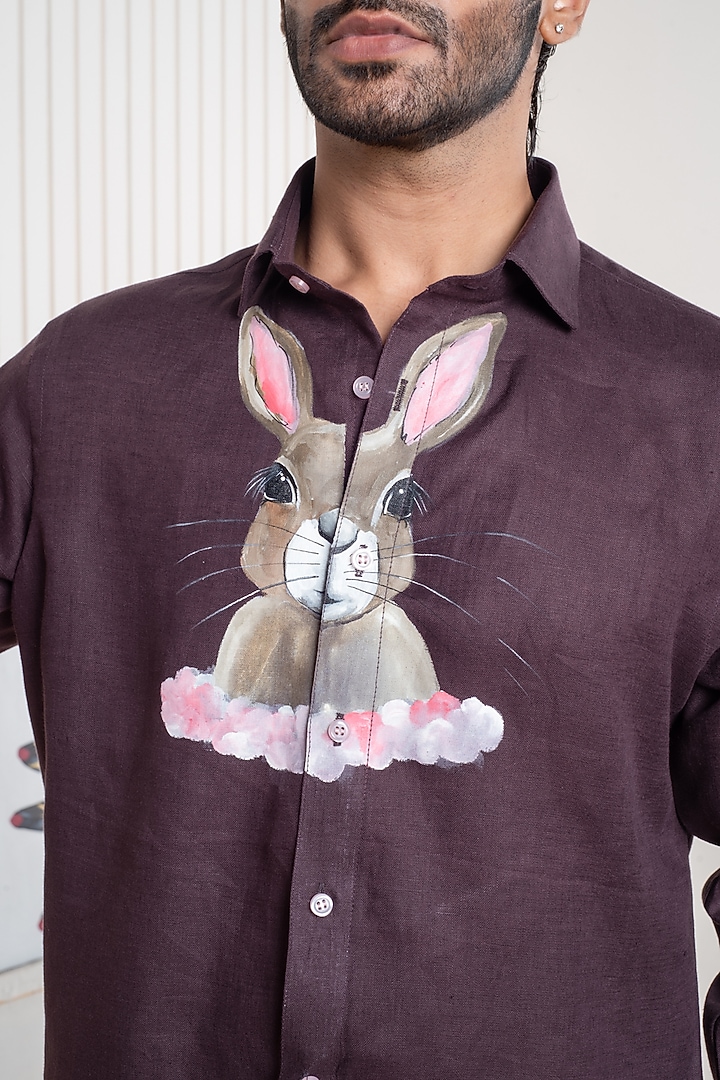 Maroon Linen Hand Painted Party Wear Shirt by Vasnam Jaipur at Pernia's Pop Up Shop