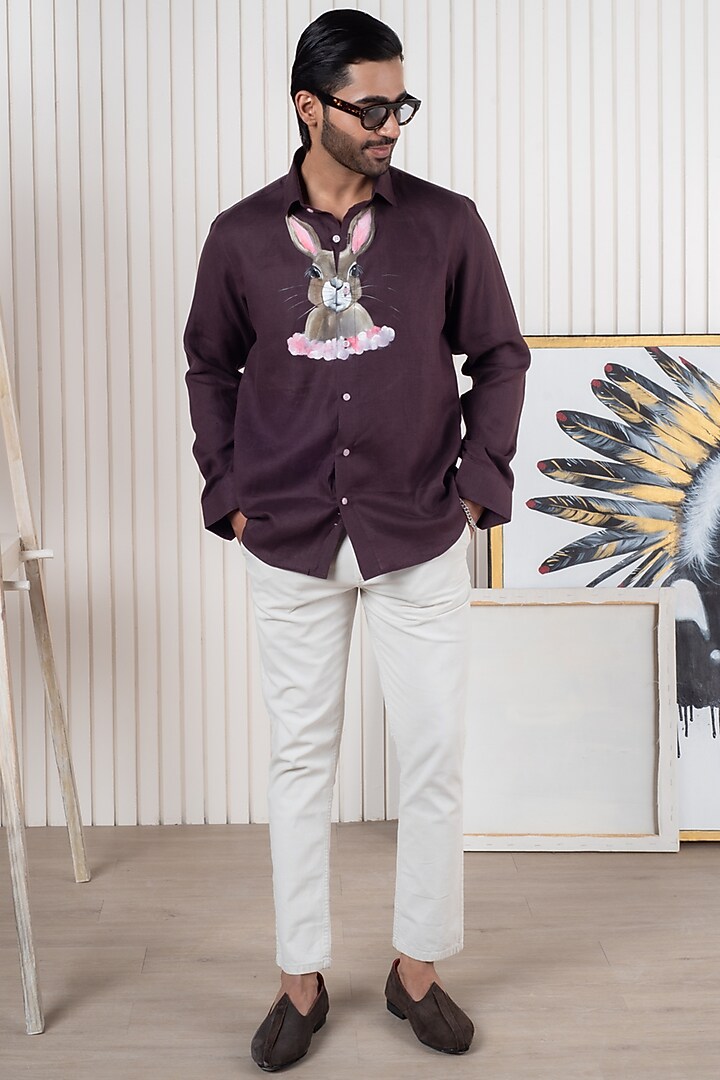 Maroon Linen Hand Painted Party Wear Shirt by Vasnam Jaipur at Pernia's Pop Up Shop
