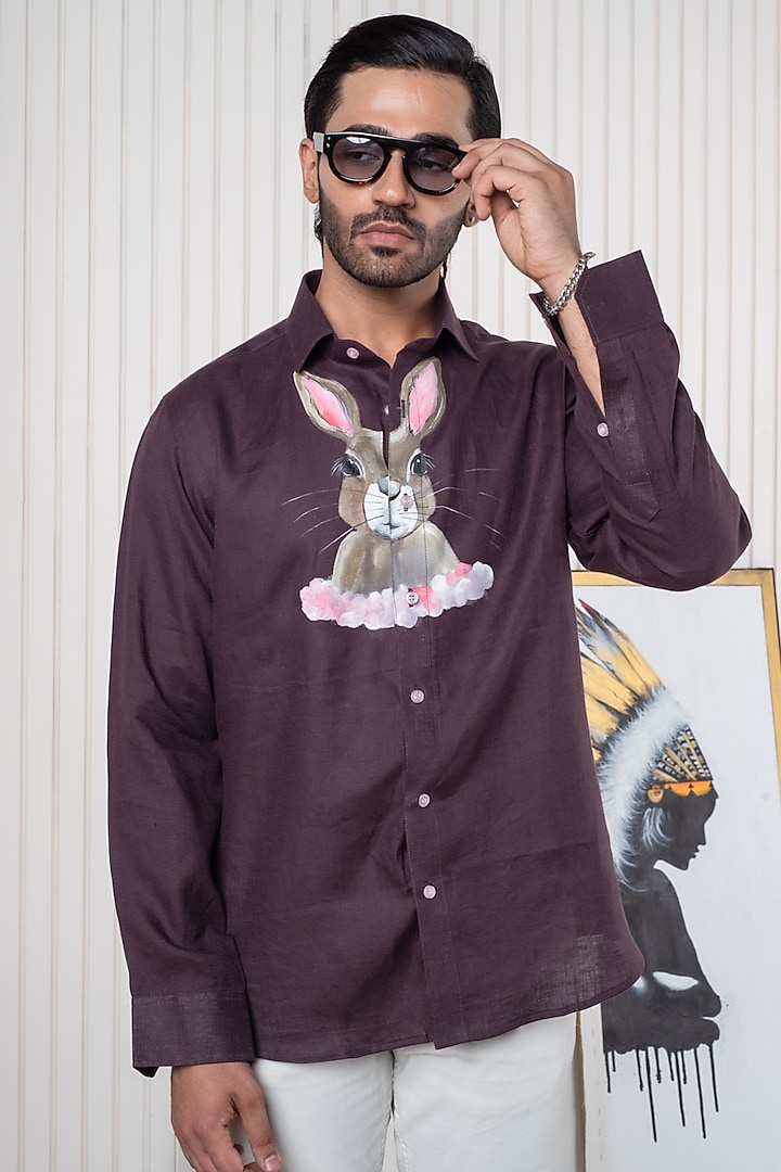 Maroon Linen Hand Painted Party Wear Shirt by Vasnam Jaipur at Pernia's Pop Up Shop
