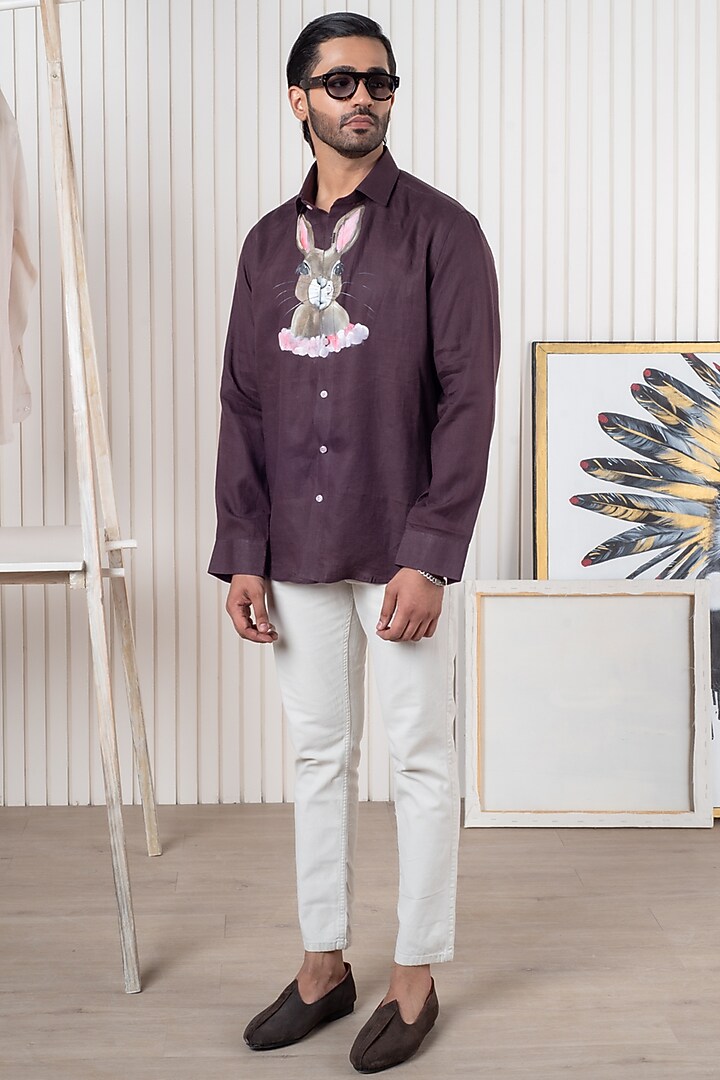 Maroon Linen Hand Painted Party Wear Shirt by Vasnam Jaipur at Pernia's Pop Up Shop
