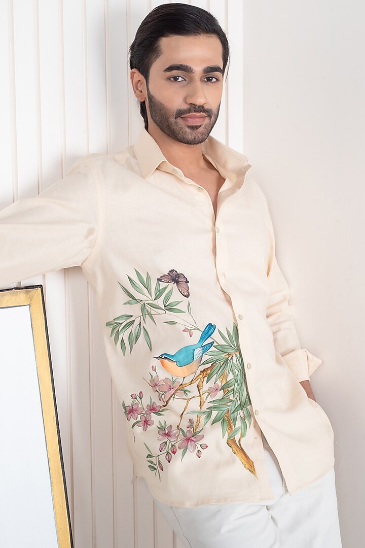 Peach Linen Party Wear Shirt by Vasnam Jaipur at Pernia's Pop Up Shop