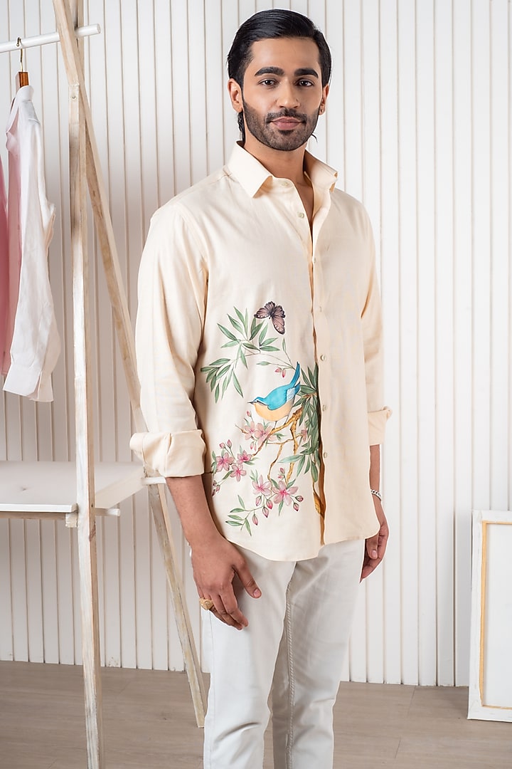 Peach Linen Party Wear Shirt by Vasnam Jaipur at Pernia's Pop Up Shop