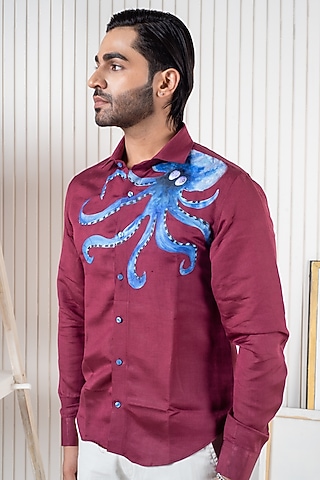 Wine Linen Hand Painted Shirt by Vasnam Jaipur