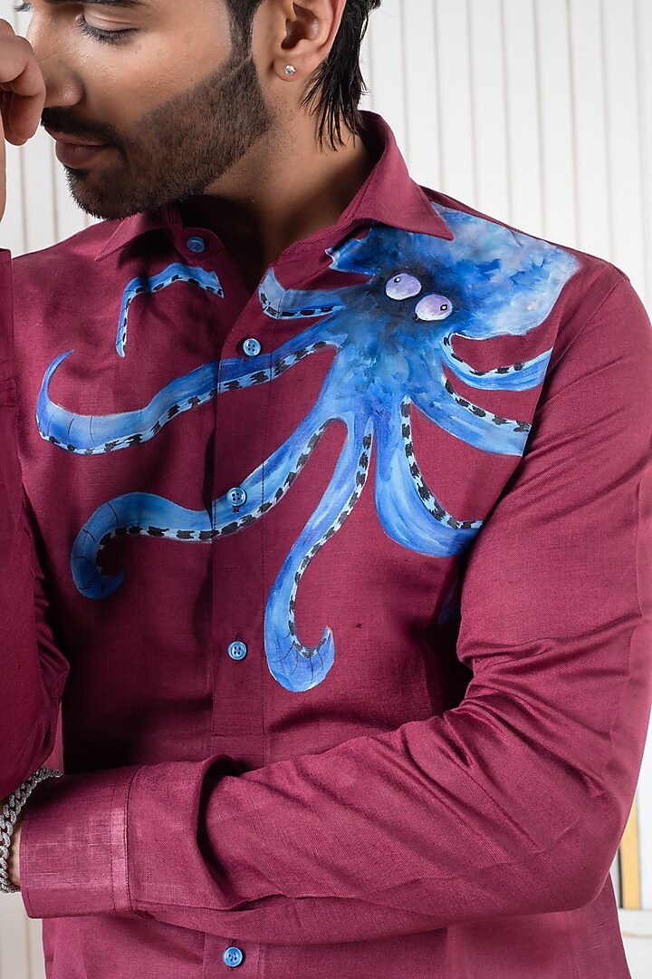 Wine Linen Hand Painted Party Wear Shirt by Vasnam Jaipur at Pernia's Pop Up Shop
