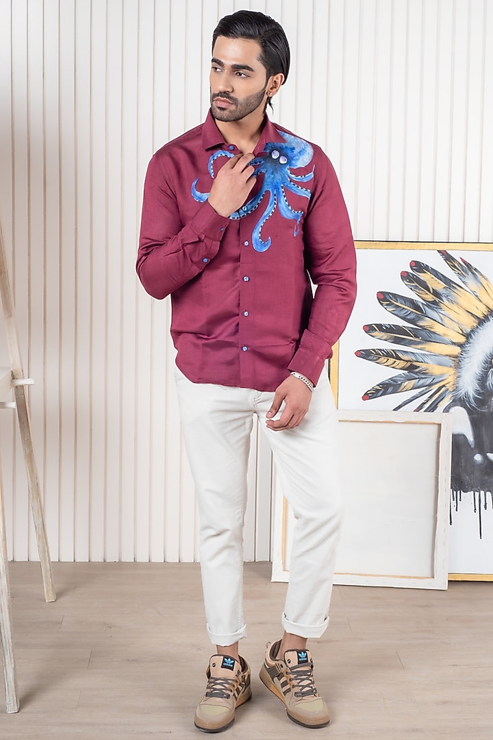 Wine Linen Hand Painted Party Wear Shirt by Vasnam Jaipur at Pernia's Pop Up Shop