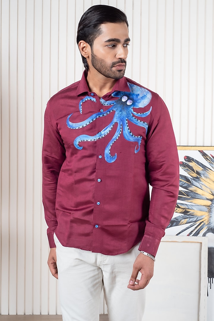 Wine Linen Hand Painted Party Wear Shirt by Vasnam Jaipur at Pernia's Pop Up Shop