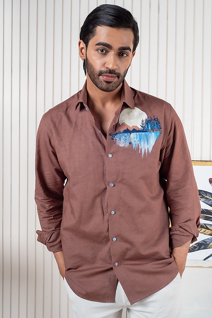 Brown Linen Hand Painted Shirt by Vasnam Jaipur