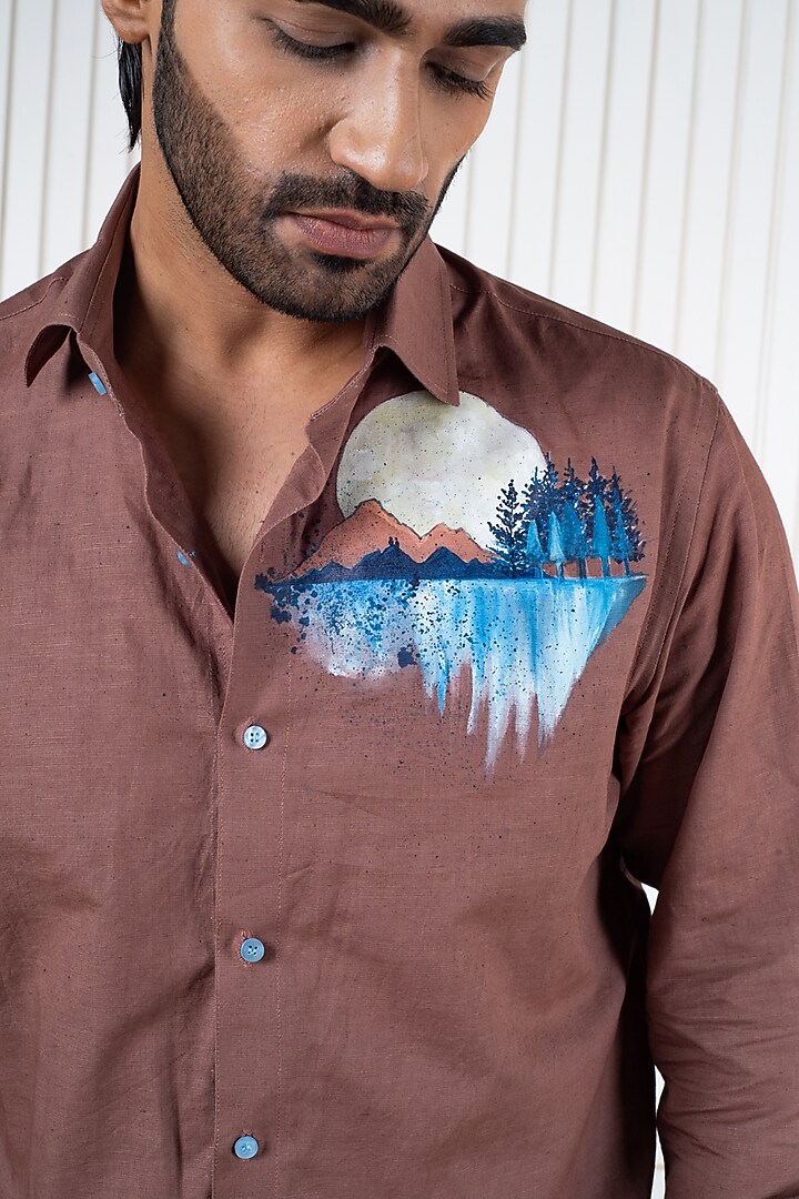 Brown Linen Hand Painted Party Wear Shirt by Vasnam Jaipur at Pernia's Pop Up Shop