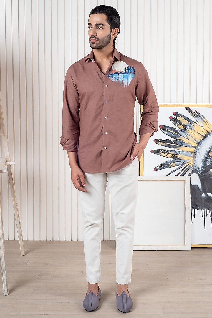 Brown Linen Hand Painted Party Wear Shirt by Vasnam Jaipur at Pernia's Pop Up Shop