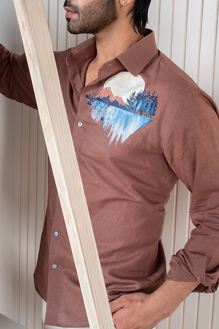 Brown Linen Hand Painted Party Wear Shirt by Vasnam Jaipur at Pernia's Pop Up Shop