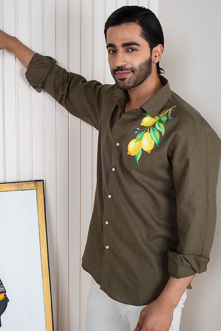 Green Linen Hand Painted Shirt by Vasnam Jaipur