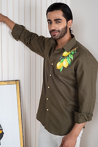 Green Linen Hand Painted Shirt by Vasnam Jaipur