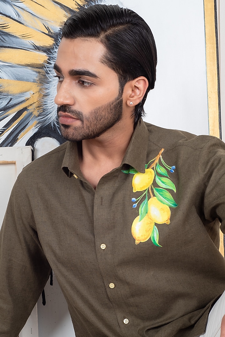 Green Linen Hand Painted Party Wear Shirt by Vasnam Jaipur at Pernia's Pop Up Shop