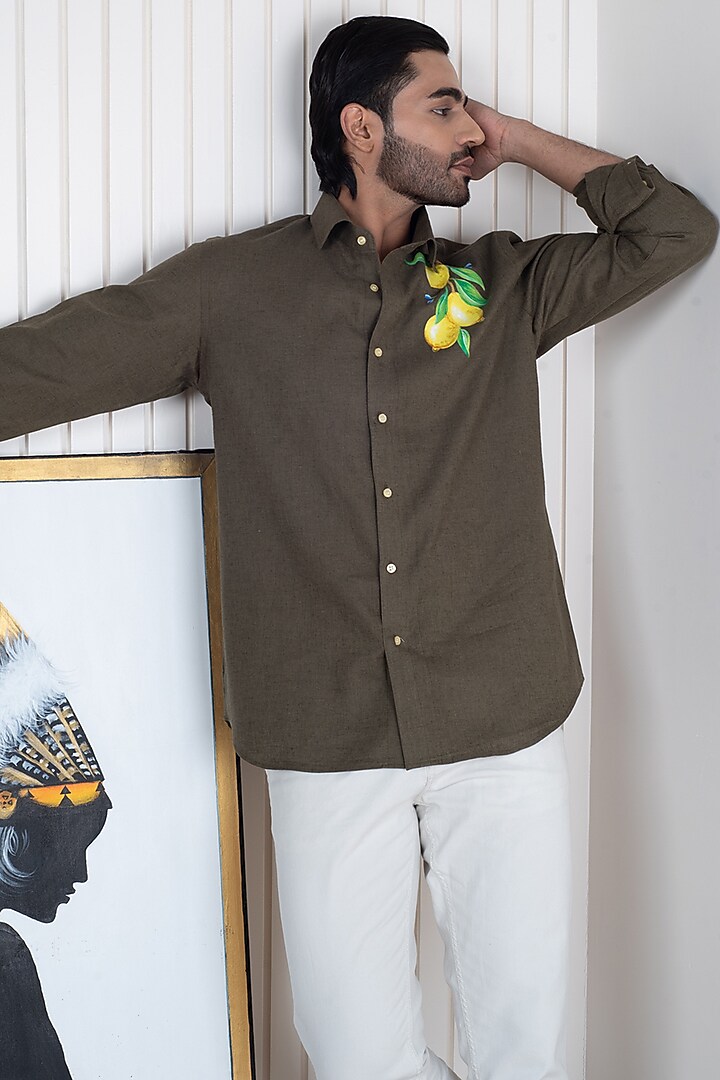 Green Linen Hand Painted Party Wear Shirt by Vasnam Jaipur at Pernia's Pop Up Shop