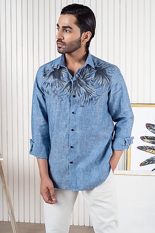Blue Linen Hand Painted Shirt by Vasnam Jaipur