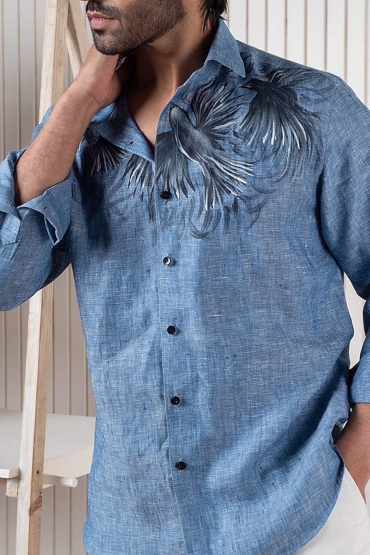 Blue Linen Hand Painted Party Wear Shirt by Vasnam Jaipur at Pernia's Pop Up Shop