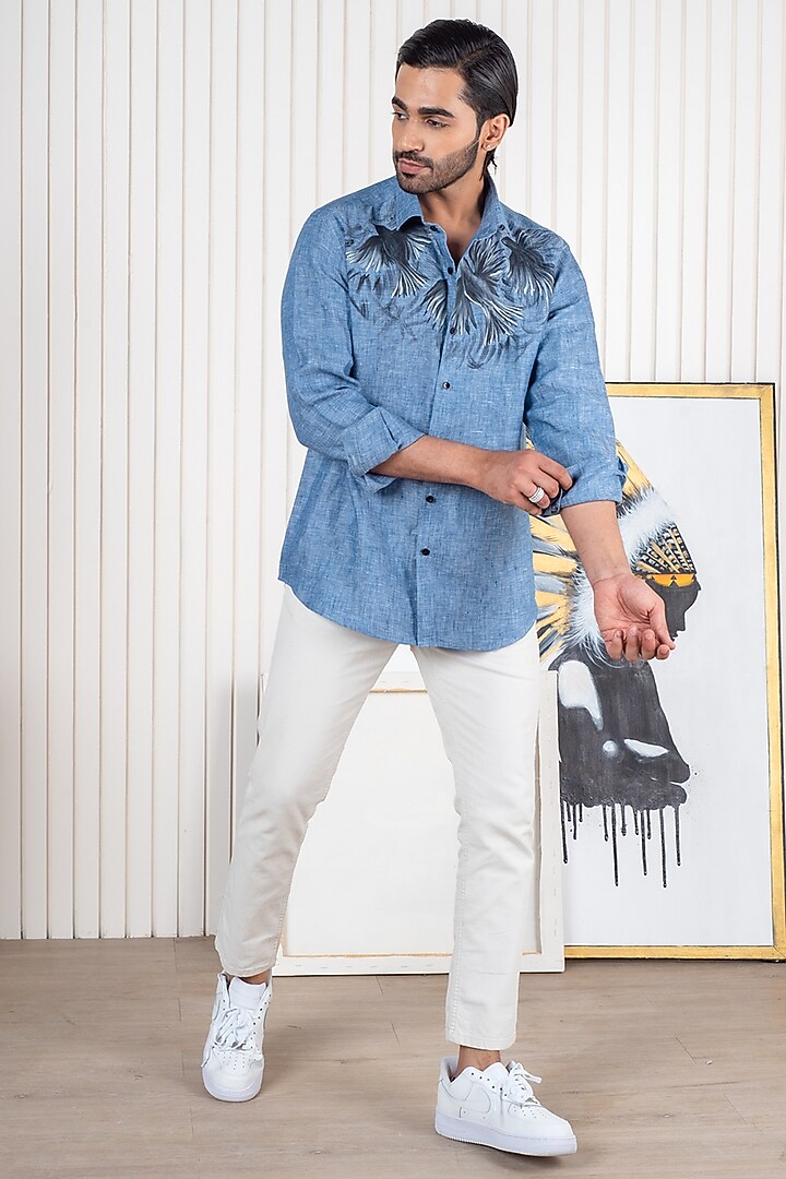 Blue Linen Hand Painted Party Wear Shirt by Vasnam Jaipur at Pernia's Pop Up Shop