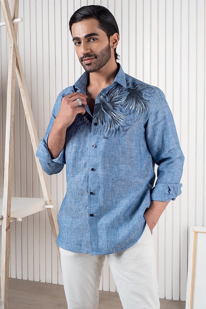 Blue Linen Hand Painted Party Wear Shirt by Vasnam Jaipur at Pernia's Pop Up Shop