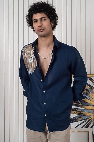 Blue Linen Hand Painted Shirt by Vasnam Jaipur