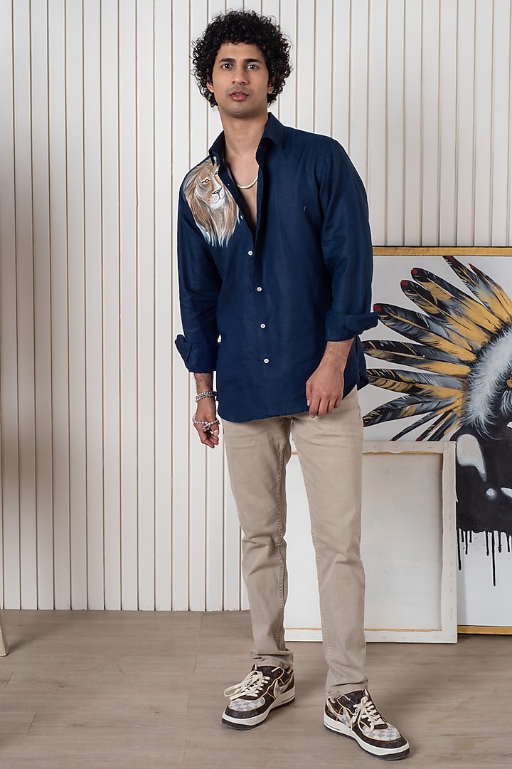Blue Linen Hand Painted Party Wear Shirt by Vasnam Jaipur at Pernia's Pop Up Shop