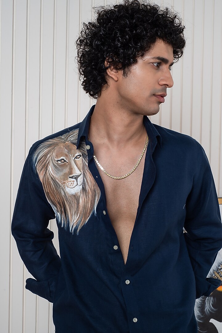 Blue Linen Hand Painted Party Wear Shirt by Vasnam Jaipur at Pernia's Pop Up Shop