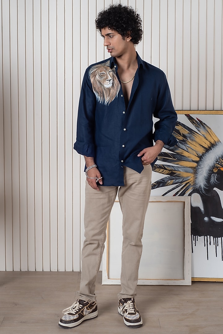 Blue Linen Hand Painted Party Wear Shirt by Vasnam Jaipur at Pernia's Pop Up Shop