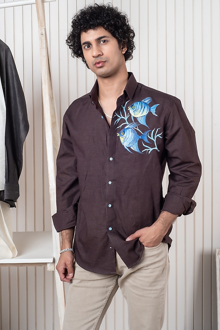Maroon Linen Hand Painted Shirt by Vasnam Jaipur