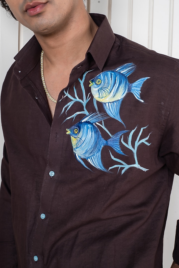 Maroon Linen Hand Painted Party Wear Shirt by Vasnam Jaipur at Pernia's Pop Up Shop