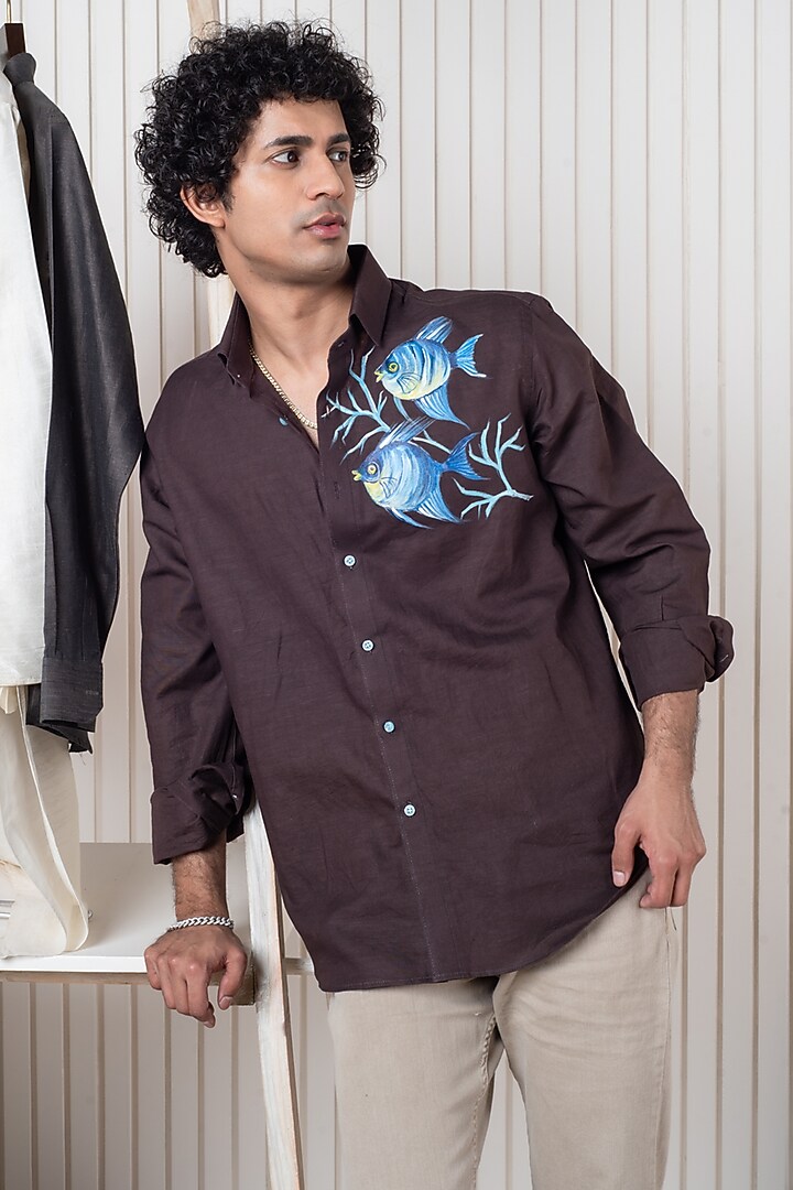 Maroon Linen Hand Painted Party Wear Shirt by Vasnam Jaipur at Pernia's Pop Up Shop