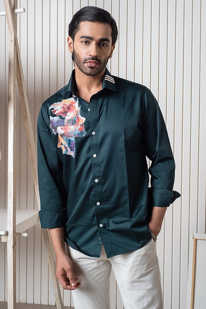 Green Egyptian Giza Cotton Digital Printed Summer Shirt by Vasnam Jaipur at Pernia's Pop Up Shop