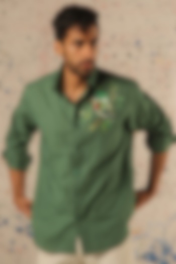 Green Linen Hand Painted Party Wear Shirt by Vasnam Jaipur at Pernia's Pop Up Shop