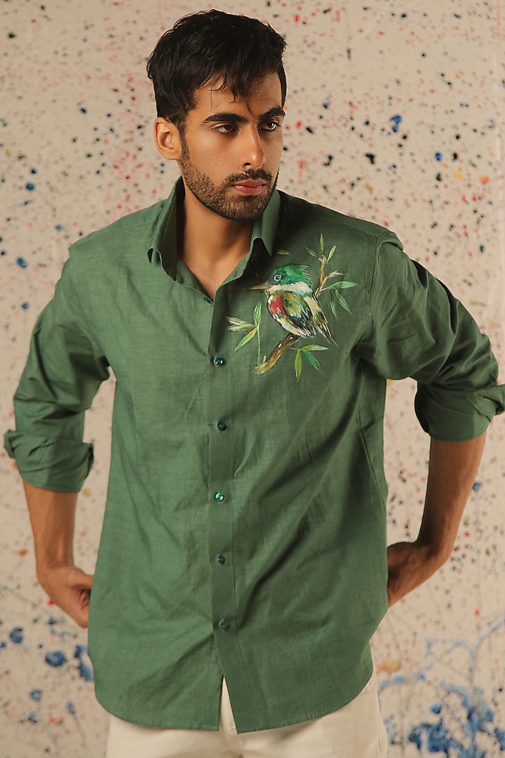 Green Linen Hand Painted Party Wear Shirt by Vasnam Jaipur at Pernia's Pop Up Shop