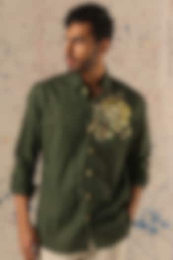 Green Linen Hand Painted Party Wear Shirt by Vasnam Jaipur at Pernia's Pop Up Shop