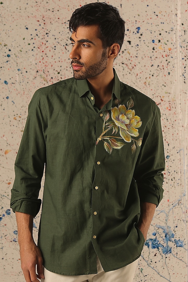 Green Linen Hand Painted Party Wear Shirt by Vasnam Jaipur at Pernia's Pop Up Shop