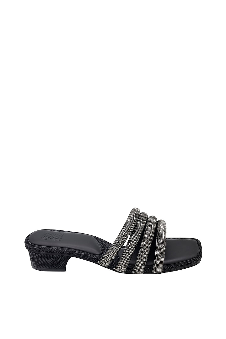 Black Vegan Leather Embellished Heeled Sandals by Veruschka By Payal Kothari at Pernia's Pop Up Shop