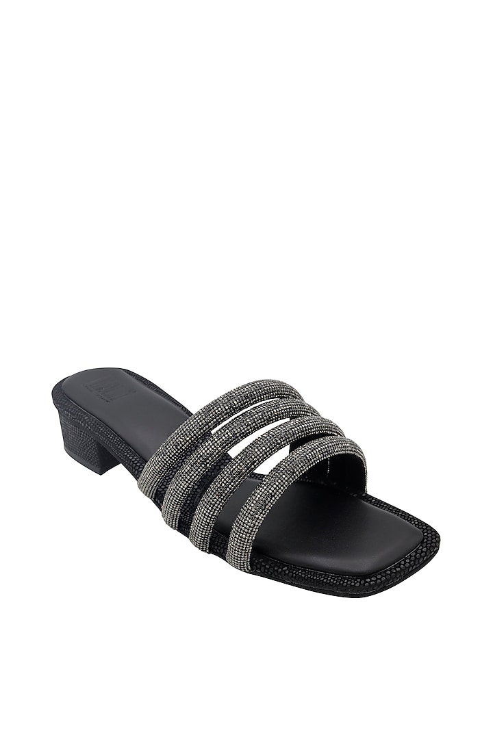 Black Vegan Leather Embellished Heeled Sandals by Veruschka By Payal Kothari at Pernia's Pop Up Shop