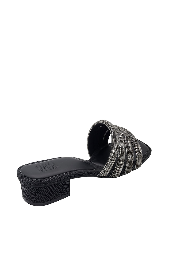 Black Vegan Leather Embellished Heeled Sandals by Veruschka By Payal Kothari at Pernia's Pop Up Shop