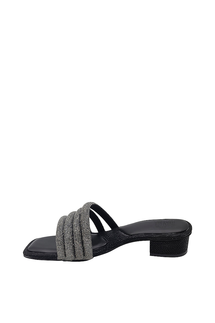 Black Vegan Leather Embellished Heeled Sandals by Veruschka By Payal Kothari at Pernia's Pop Up Shop